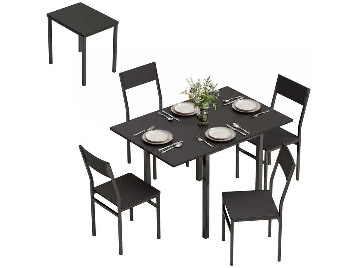 Conjunto De Jantar Com Mesa Extensível E 4 Cadeiras Empilháveis, Preto
