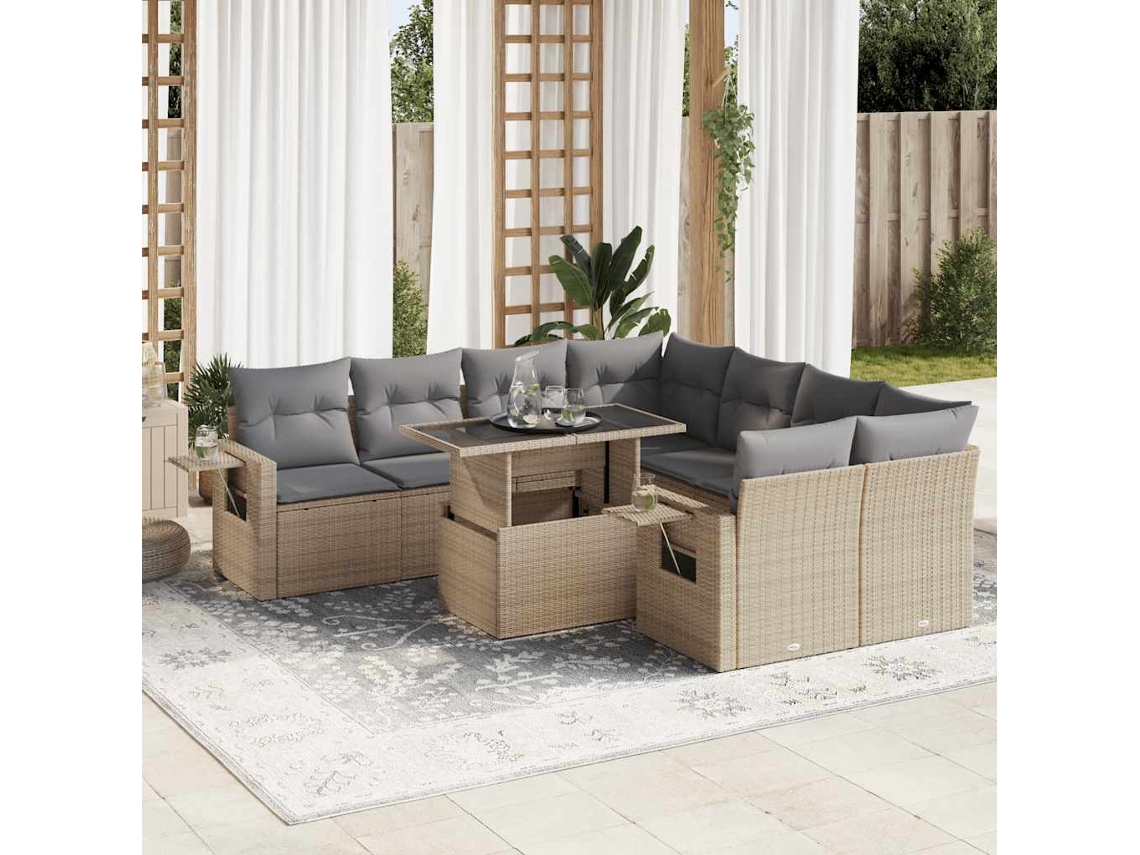 Vidaxl 9 Pcs Conjunto de Sofás P/ Jardim com Almofadões Vime Pe Bege