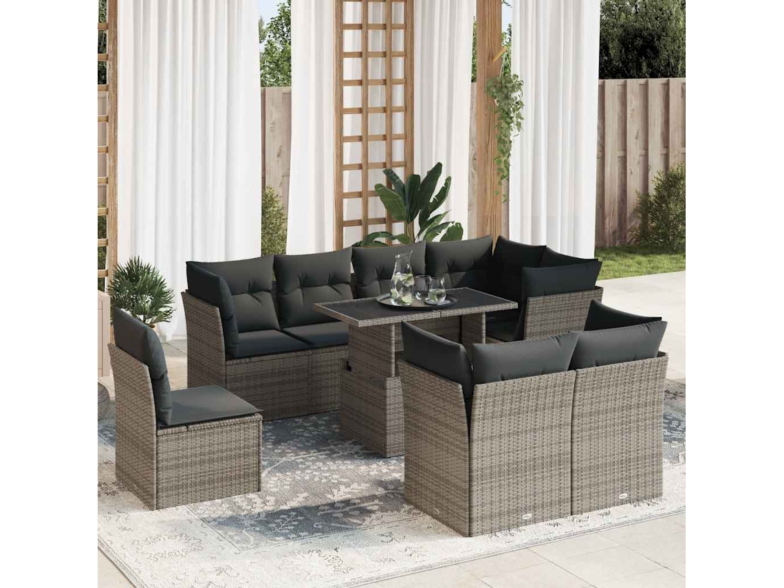 Vidaxl 9 Pcs Conjunto Sofás P/ Jardim Com Almofadões Vime Pe Cinzento