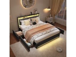 Cama De Casal Com 4 Gavetas De Ferro, 160x200 Cm, Com Iluminação Led, Porta-carregador Usb Na Cabeceira, Revestimento Em Linho, Cinzento Escuro,simurq