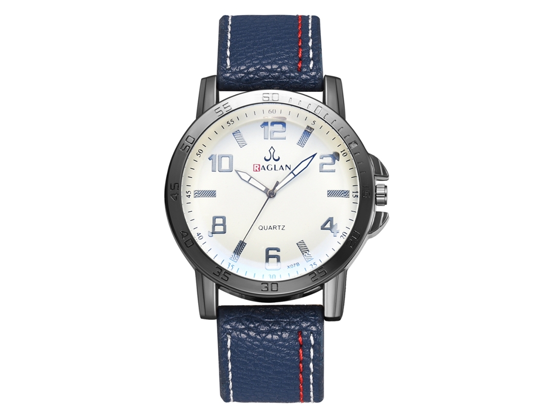 Relógio masculino de quartzo com pulseira de couro PU, estilo casual e formal, azul.