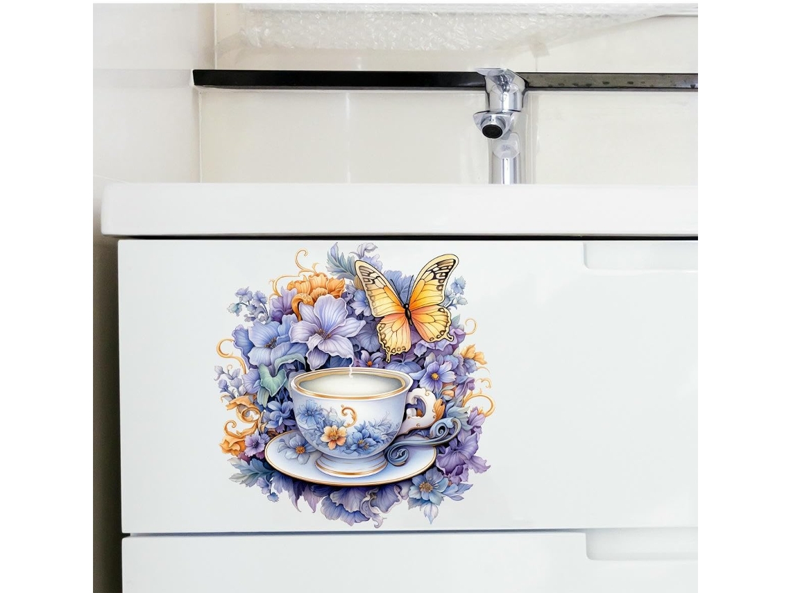 Adesivos de parede Jm Life com flores, borboletas e xícaras de café para decoração de sala de estar e quarto (2 conjuntos)