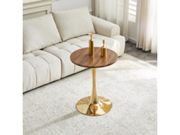 Pequena Mesa Redonda 60cm Mdf Acabamento Veios Nogueira Pé Dourado Ideal Para Lares Europeus