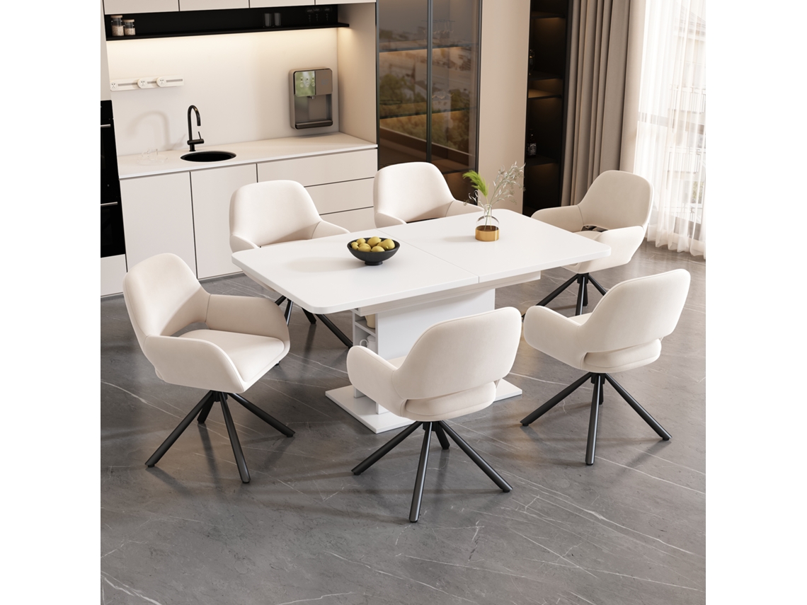 Conjunto Jantar Mesa Extensível 6 Cadeiras Veludo Metal Branca