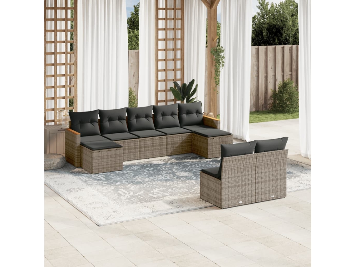 Vidaxl 9 Pcs Conjunto Sofás P/ Jardim Com Almofadões Vime Pe Cinzento