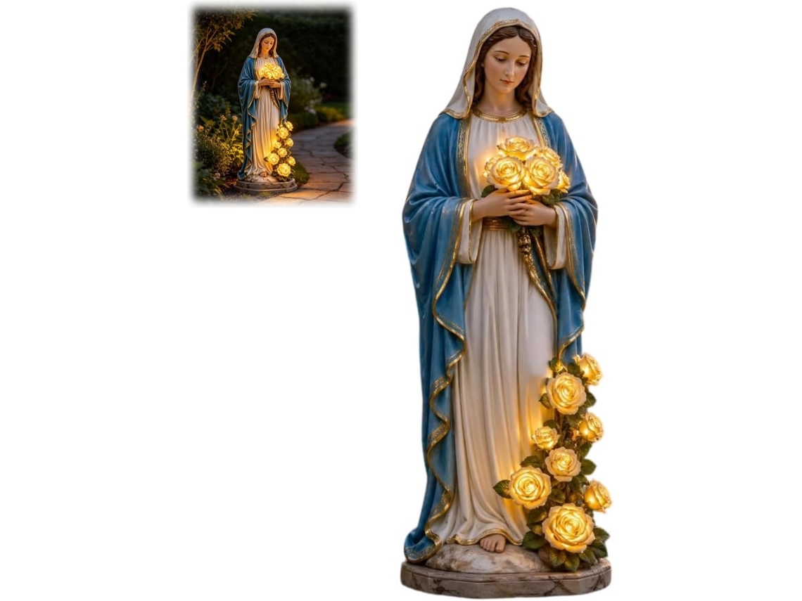 Luminária De Jardim Da Virgem Maria, Estátua Da Virgem Maria Com Luz Solar Externa E Rosas De Led Brilhantes, Decoração