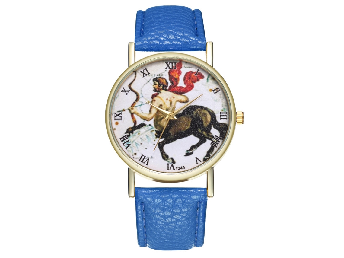 Relógio de Quartzo com Pulseira de Couro Estilo Simples Universal Centaurus Padrão Dial Azul Real para Estudante