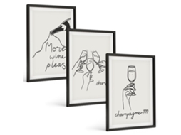 Conjunto De Pinturas Arte Linear Com Taça De Champanhe Espelharte (3 Peças 40x60 Cm)