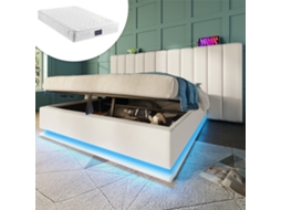 Cama Casal 160x200cm Linho, Led, Controle, Carregador Usb c, Hidráulico, Ripas, 200kg, Branco KOMHTOM