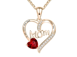 Colar Pingente Coração "mom" Em Ouro Rosa, Com Pedra Vermelha E Zircônias, Prenda Delicada Para O Dia Da Mãe