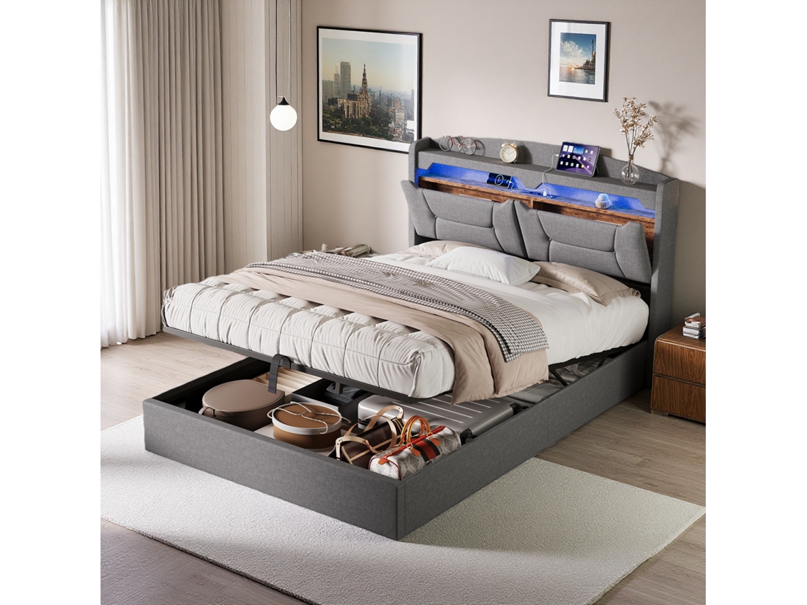 Cama De Casal 140x200 Cm,luzes Led,caixa De Armazenamento Hidráulica,cabeceira Com Arrumação Oculta,para Quarto E Apartamento,linho,cinza,rosahqnda