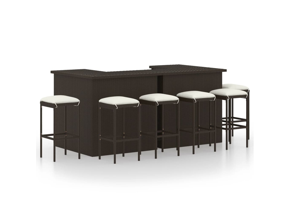 Vidaxl 8 Pcs Conjunto De Bar P/ Jardim Com Almofadões Vime Pe Castanho