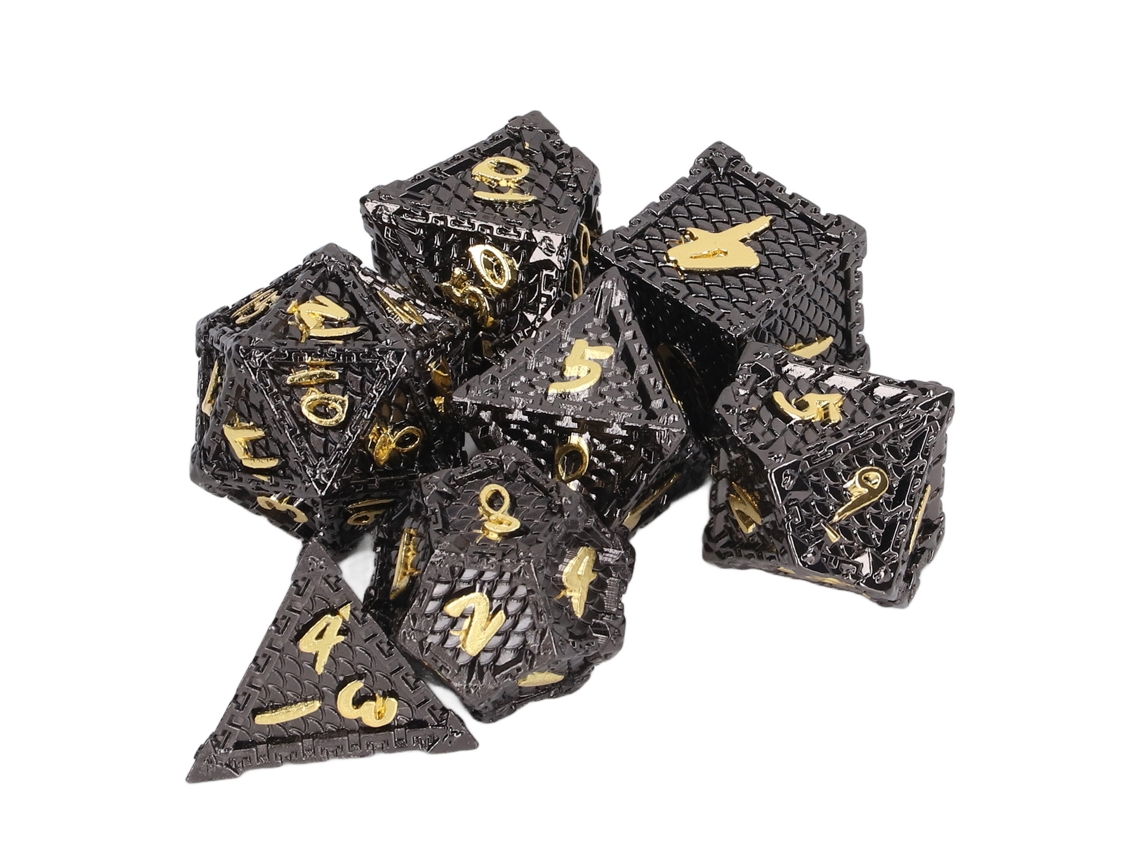 Conjunto Mali de 7 dados poliédricos de metal para jogos de RPG e tabuleiro com números nítidos.