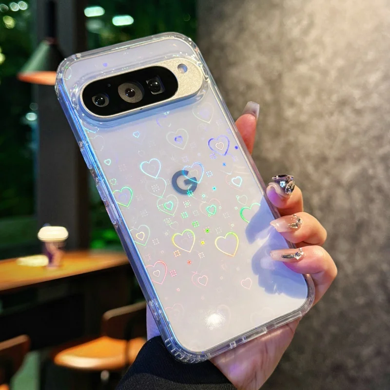 Capa Transparente Para Celular (aixgoogle Pixel 9) Com Estampa De Coração A Laser, Transparente E Resistente A Impactos.