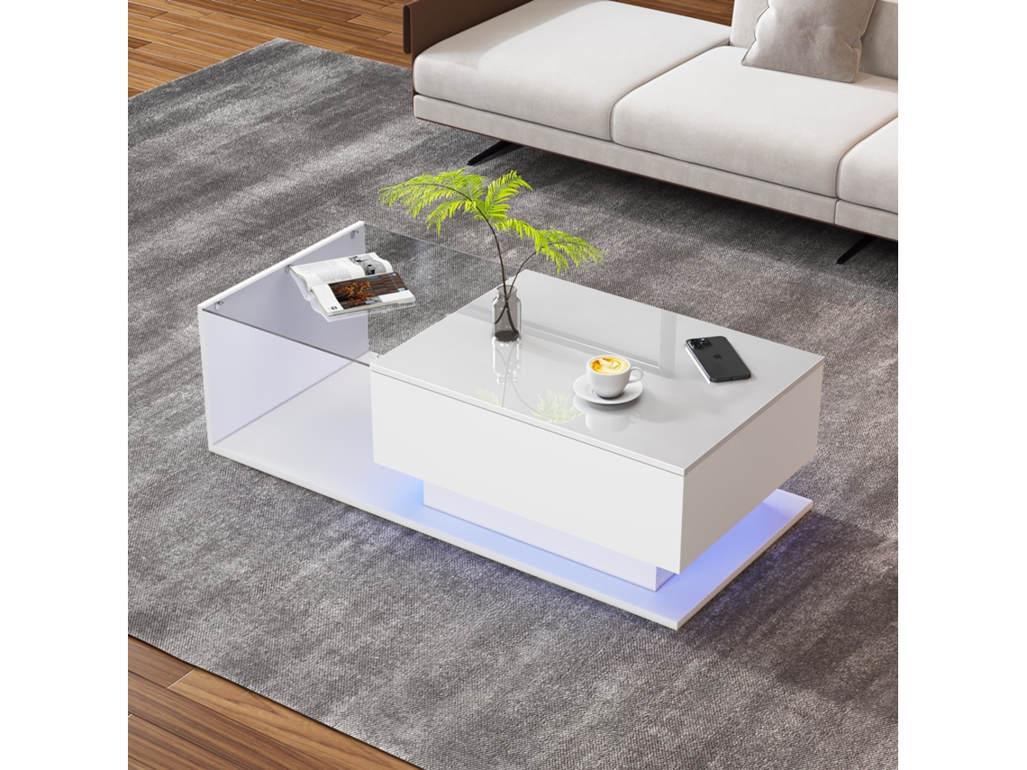 Mesa Centro Branca Alto Brilho Led 100x50x32 Gaveta Resistente