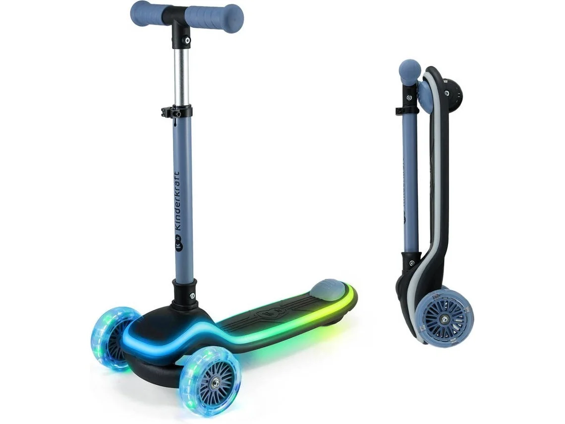 Trotinete LED de 3 Rodas Kinderkraft RAKET com base iluminada RGB, guiador ajustável e direção por inclinação Azul