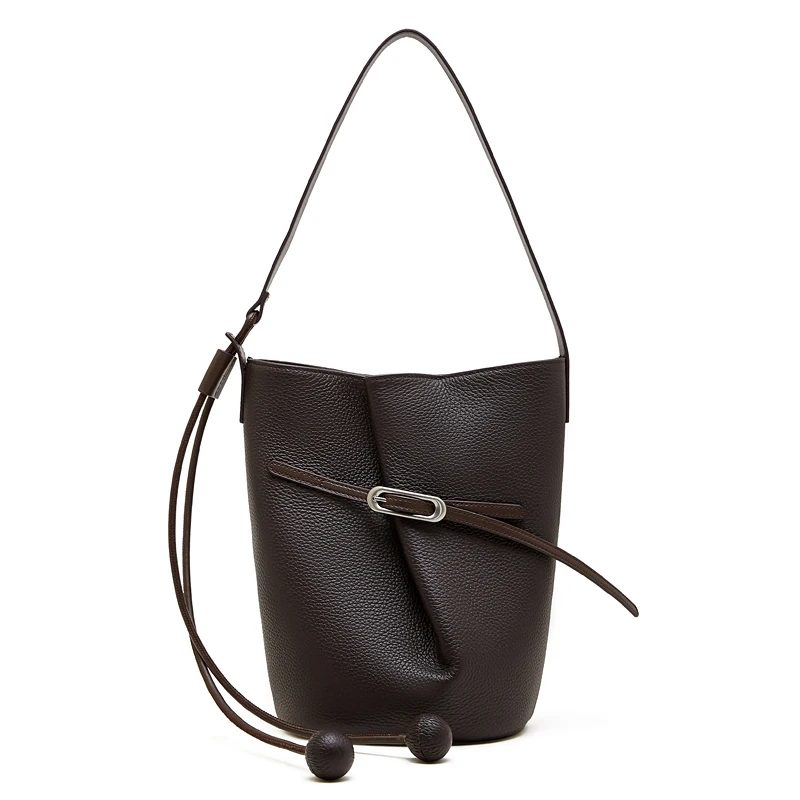 (3265-café) Nova Bolsa Balde Feminina Em Couro Genuíno, Estilo Luxo De Designer, Bolsa De Ombro Feminina