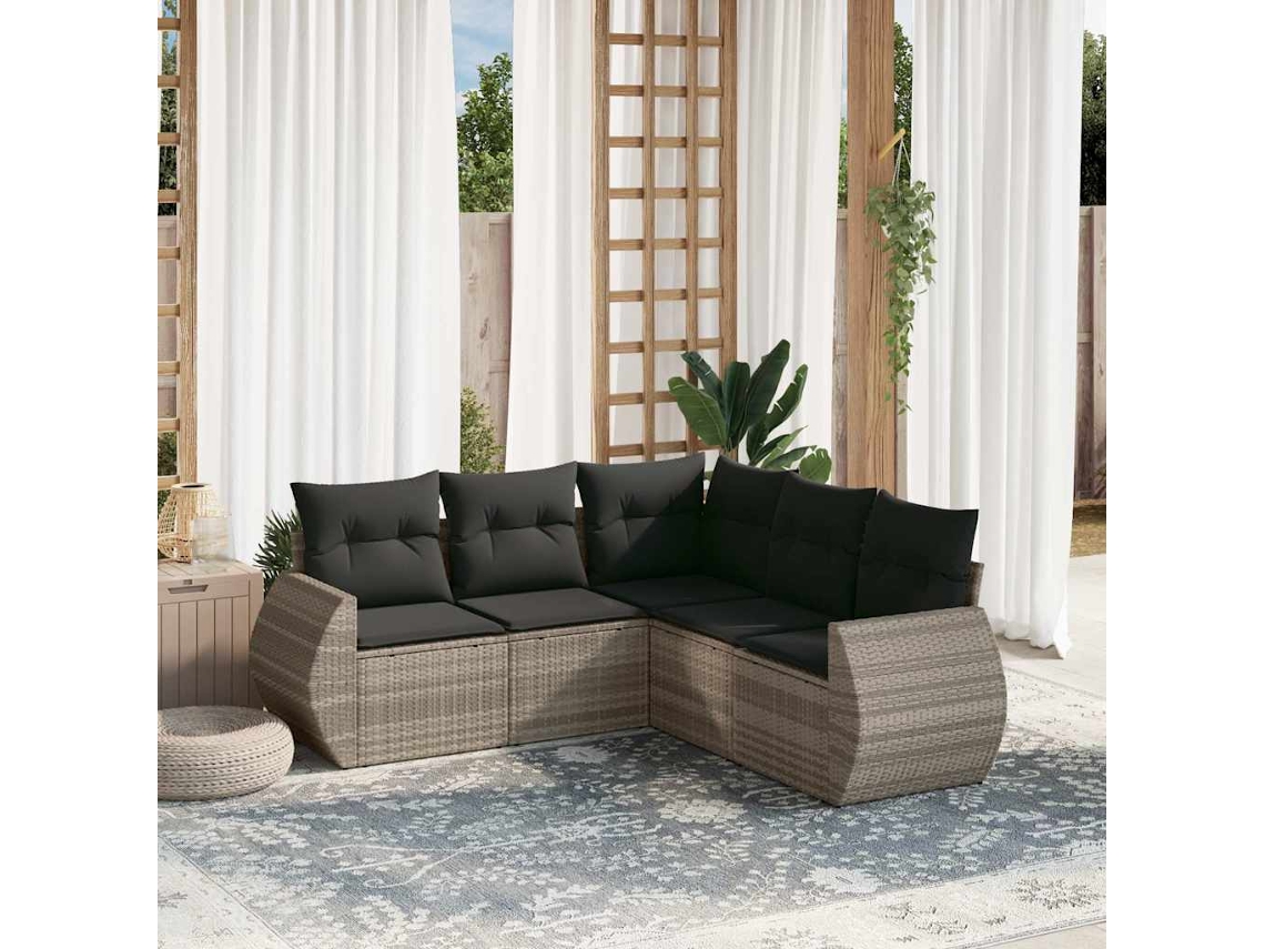 Vidaxl 5 Pcs Conj. Sofás Jardim C/ Almofadões Vime Pe Cinzento-claro