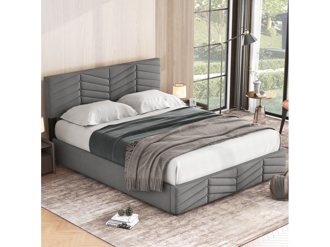 Cama De Casal Com Função Hidráulica Em Veludo Cinza 140x200 Cabeceira Ajustável Estilo Listrado Mega Echo Trade Shop