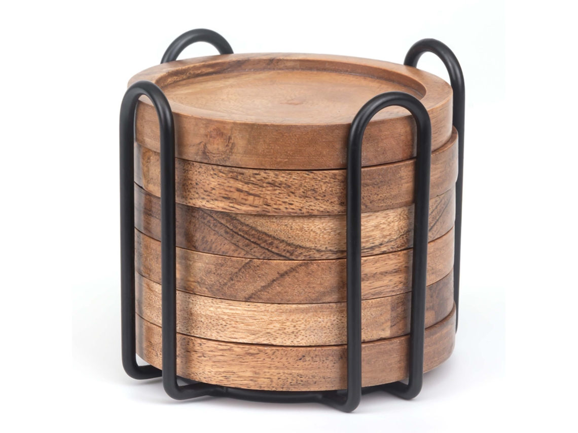 Relaxdays Conjunto De 6 Bases Para Copos Ø10 Cm, Madeira De Acácia, Com Suporte, Borda Elevada, Natural/preto