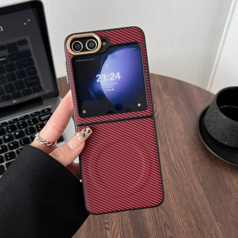 (vermelho, Galaxy Z Flip4) Capa De Celular Luxuosa E Ultrafina Em Fibra De Carbono Com Moldura Macia E Carregamento Sem Fio Magnético.