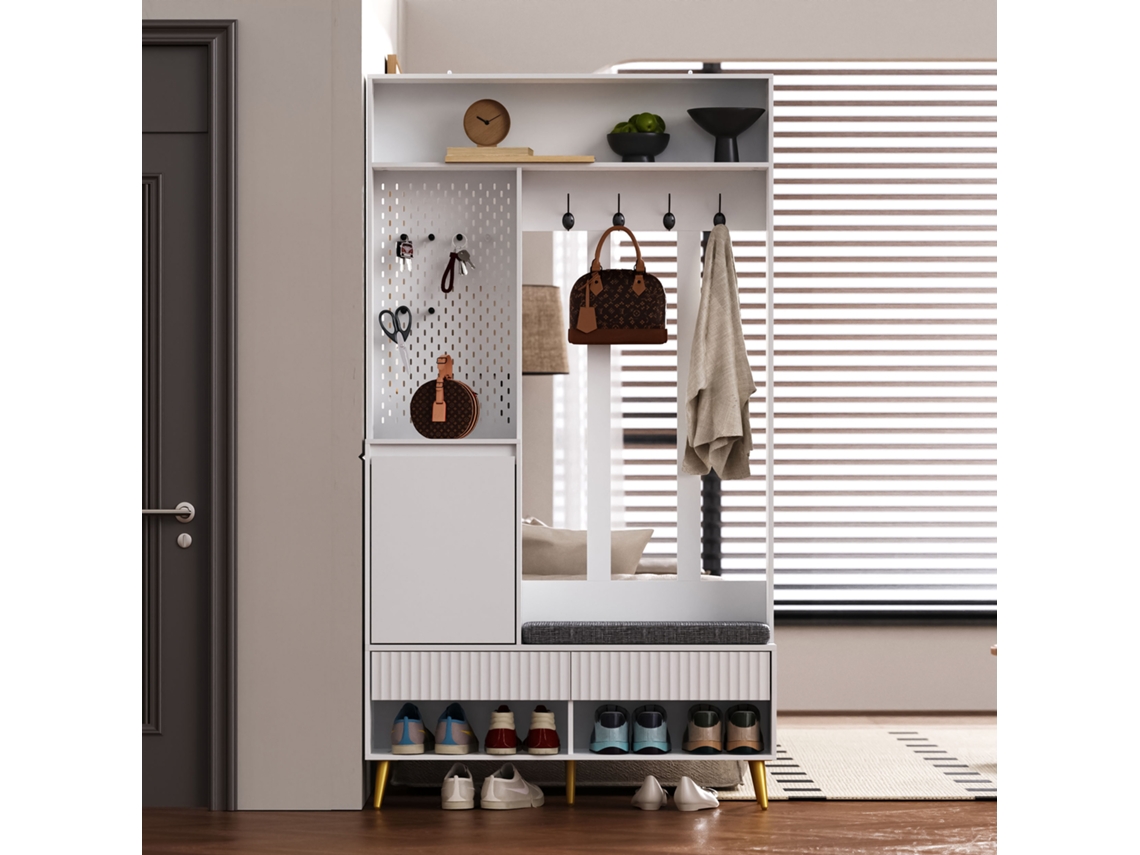 Conjunto Cabides Branco 100x35x180cm, Sapateira, 4 Ganchos, 2 Gavetas.-la