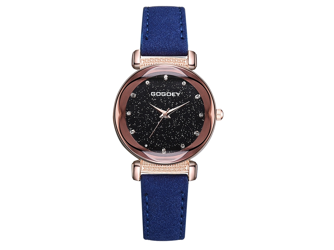 Relógio de Pulso Feminino de Quartzo com Pulseira Pu e Strass Mostrador Céu Estrelado Azul