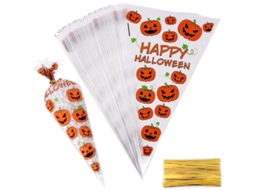 100 Sacolas De Cello Cone Com Padrão De Abóbora E Laços Dourados Para Festa De Halloween