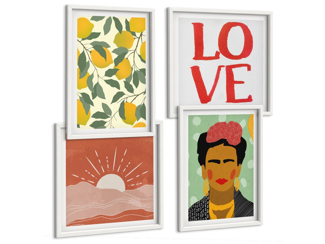 Conjunto De Pinturas Limões, Amor, Retrato De Frida Kahlo Moldura Branca Imagens Para Um Quarto Infantil Espelharte (conjunto De 4 Imagens)