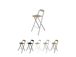 Taburete Plegable Alto De Metal Extra Grueso Con Reposapies Para Cocinas Y Bar | Silla Con Respaldo Resistente Plata / Haya Pack 2 Uds