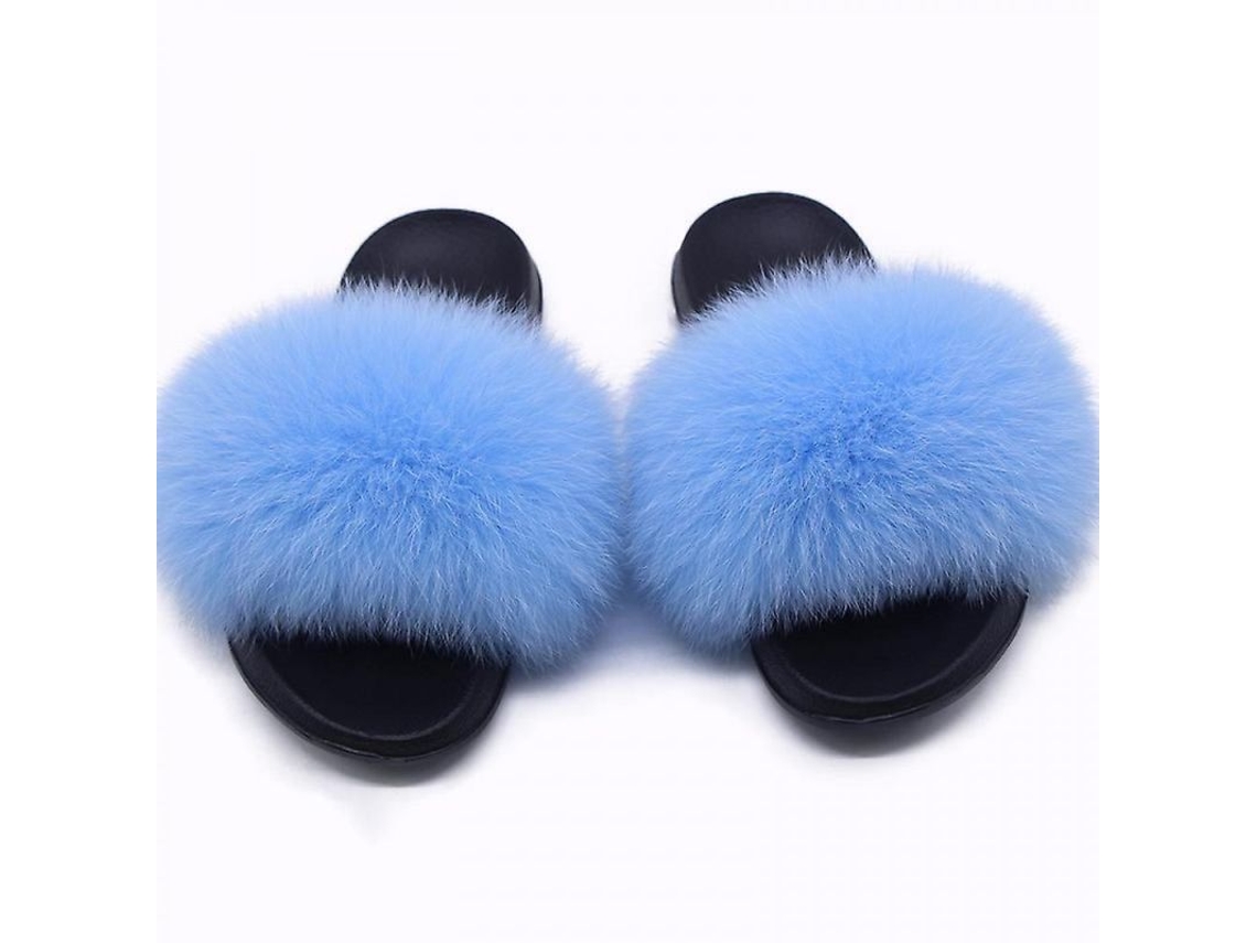 2026 chanclas de Piel de Zorro para Mujer Chanclas de Pelo Suaves Abiertas para Interior Y Exterior 44 45 Azul Claro