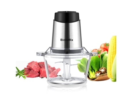BIOLOMIX P6001 Picador de Carne Elétrico 500W Moedor Processador de Alimentos com Taça de Vidro de 1.8L Duas Velocidades para Vegetais Cebola Alho