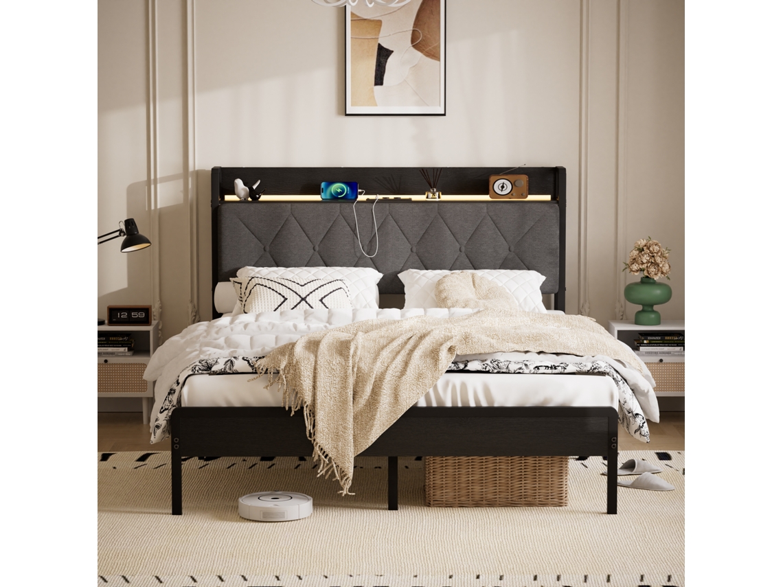 Cama Estofada Com 2 Portas Com Usb Com Tomadas Com Cabeceira Com Armazenamento Preto E Cinza Ideal Para Quarto