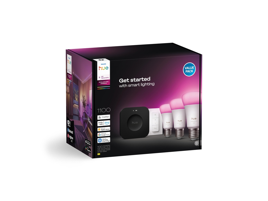 Conjunto PHILIPS Hue Inicial: 3 lâmpadas inteligentes E27 + interruptor dimmer + Hue Bridge Pro