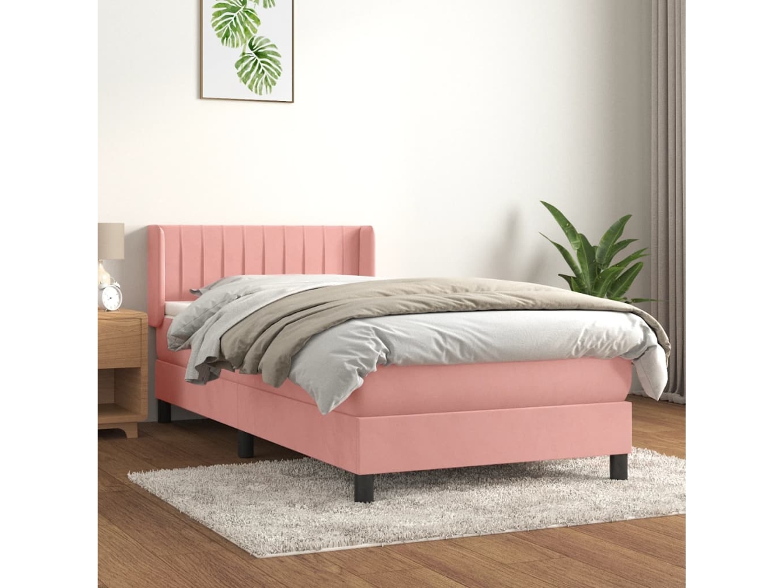 Cama com Colchão de Molas e Cabeceira Veludo Rosa (90x190 cm)
