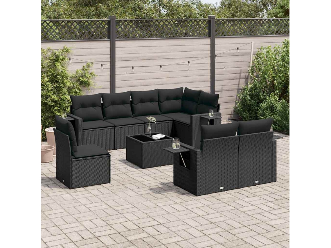 Vidaxl 9 Pcs Conjunto De Sofás P/ Jardim C/ Almofadões Vime Pe Preto