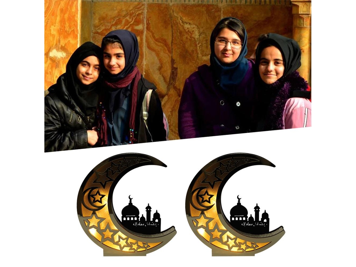 Decoração de Ramadã Eid Mubarak com Luzes LED, Lua Dourada, Lampada de Madeira Oca