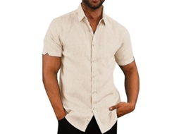 Camisa Casual Masculina De Algodão E Linho Com Listras, Manga Curta, Coleteira, Botão Tampado, Ideal Para Primavera/verão, Estilo Diário Bege
