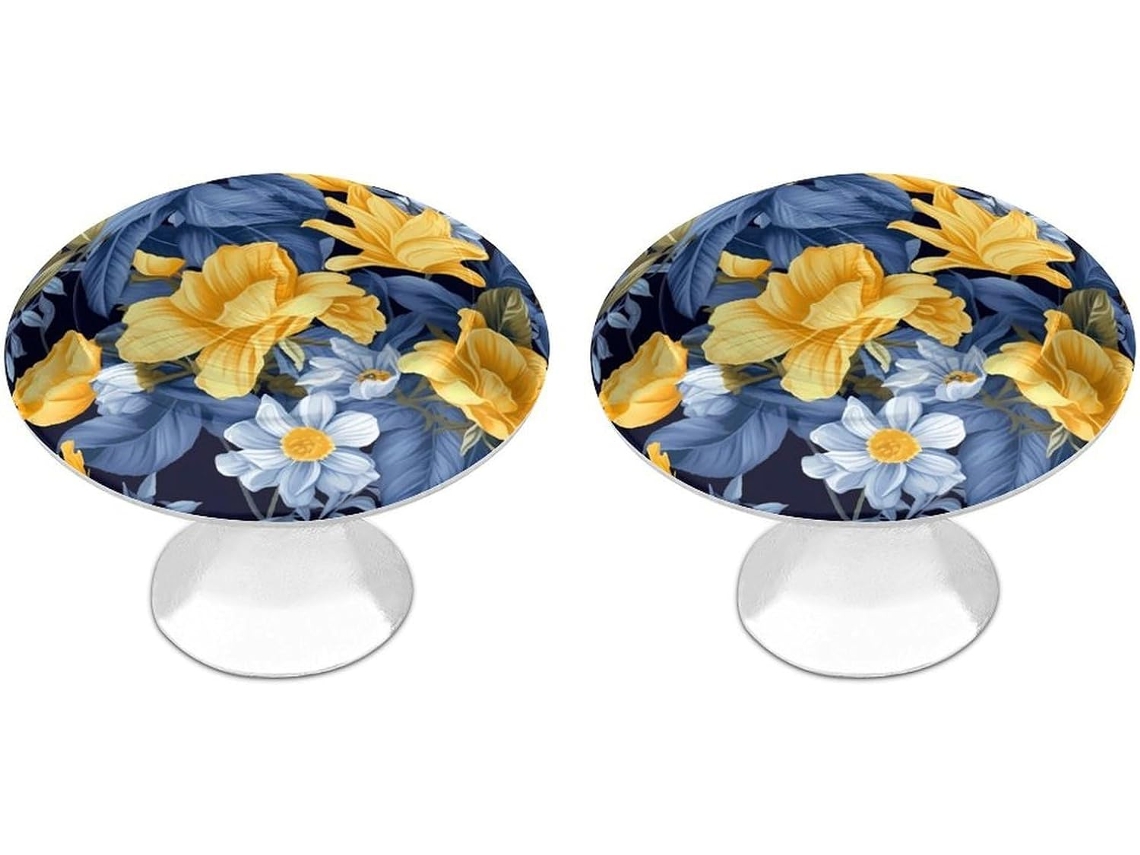 Conjunto De 2 Puxadores Aço Inoxidável Para Armários Cozinha, Com Base Azul Personalizada E Estampa Floral Amarela