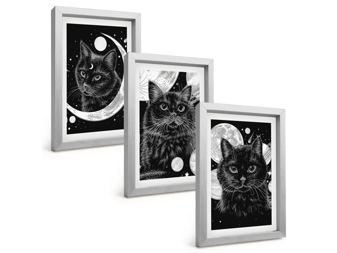 Galeria De Pinturas Muraisgatos Pretos, Lua, Espaço Moldura Prateada Fotos Para O Escritório Espelharte (3 Peças 20x30 Cm)