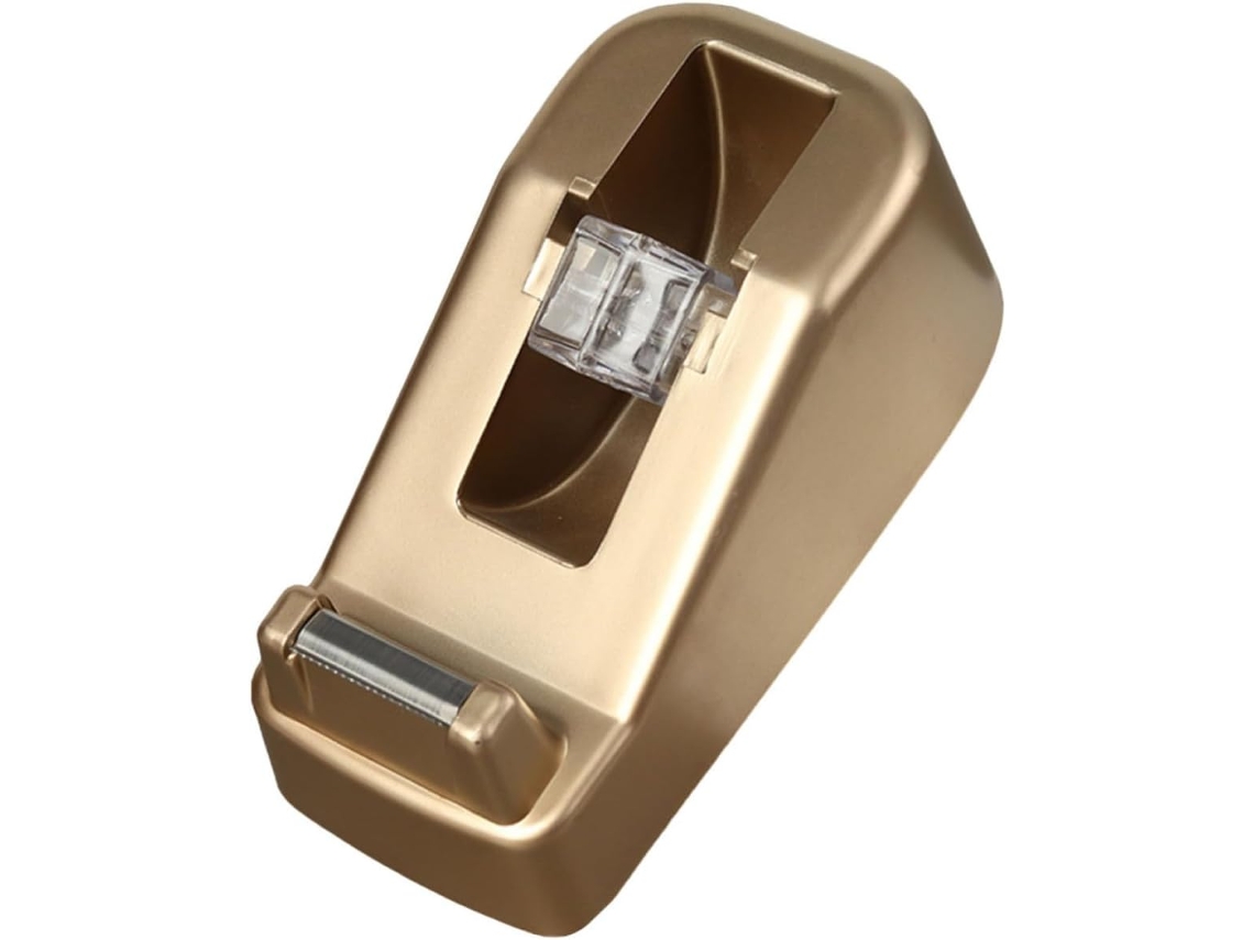 Dispensador de fita adesiva redondo e prático com bordas lisas e sem rebarbas, acabamento dourado, ideal para projetos.