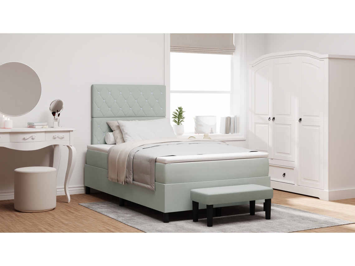 Cama Box Spring Com Colchão Banco Cinza Claro 120x190 Cm Veludo