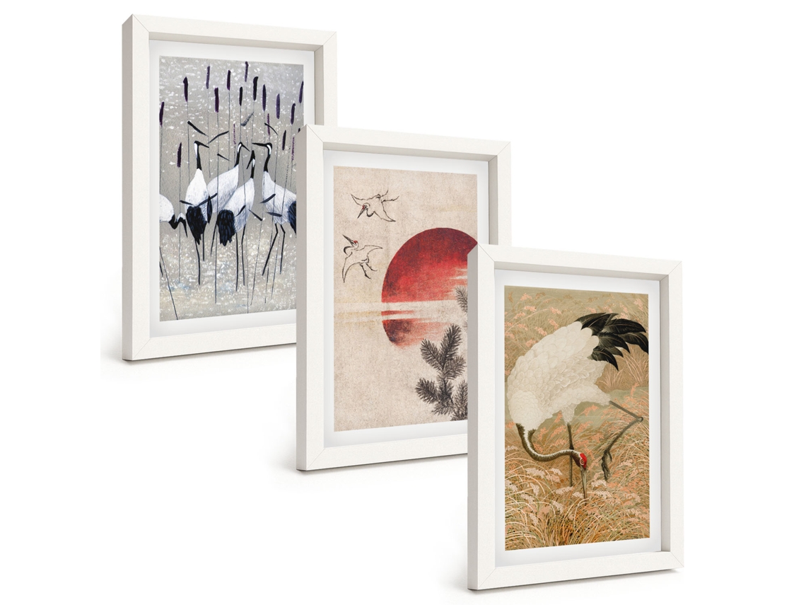Composição De Quadros Garças Japonesas, Paisagem Espelharte (3 Peças 20x30 Cm)