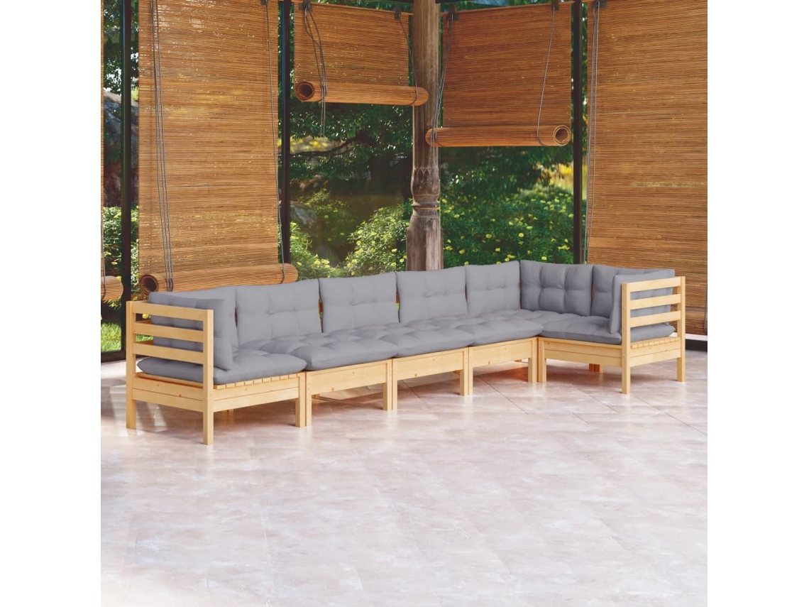 Pcs Conjunto Lounge De Jardim C/ Almofadões Cinza Pinho Dkd Home Decor