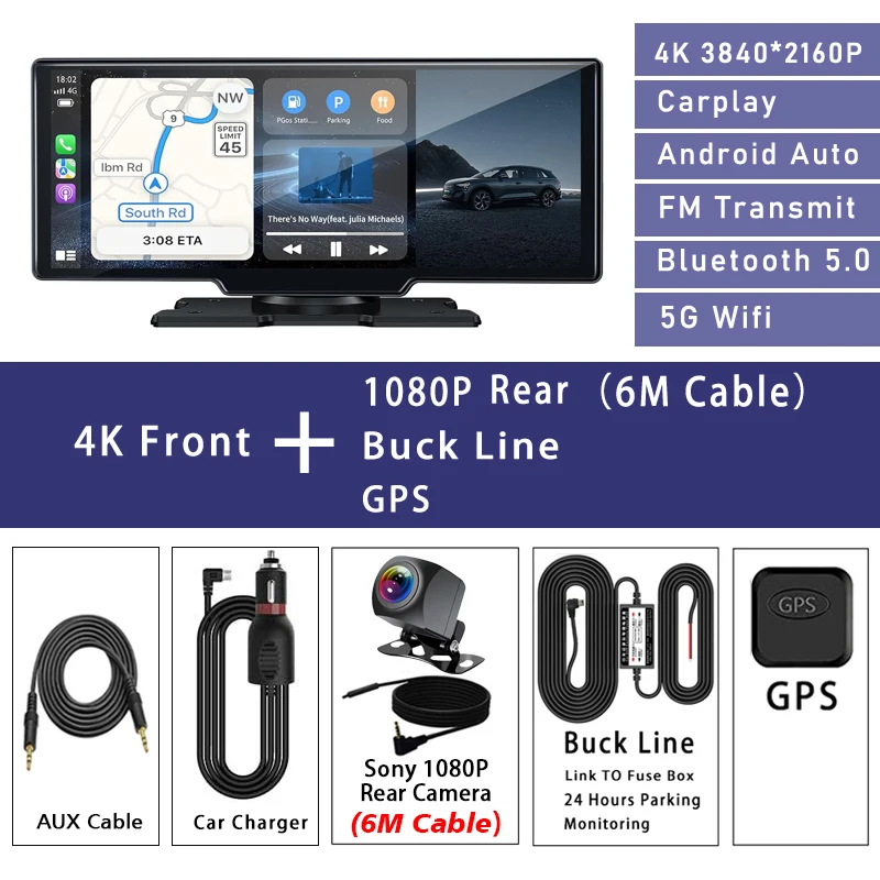 (bl-gps Traseiro De 6 Mp) Câmera Veicular 4k, Câmera De Lente Dupla De 10,26 Polegadas Com Carplay E Gps.