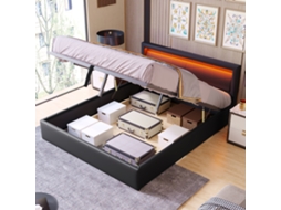 Cama Estofada Com Led, 140x190cm, Com Ripas E Gavetas, Cabeceira Iluminada Colorida, Preta E Couro Sintético.