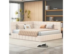 Sofá Cama 160x200 Veludo Bege Multifuncional Polsterbett Com Estrutura Lâminas