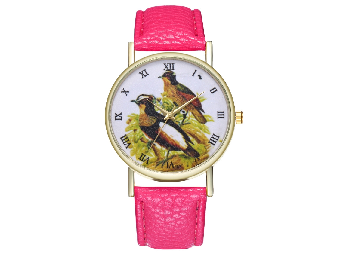 Relógio analógico de quartzo com pulseira de PU para mulheres e homens, rosa e vermelho.