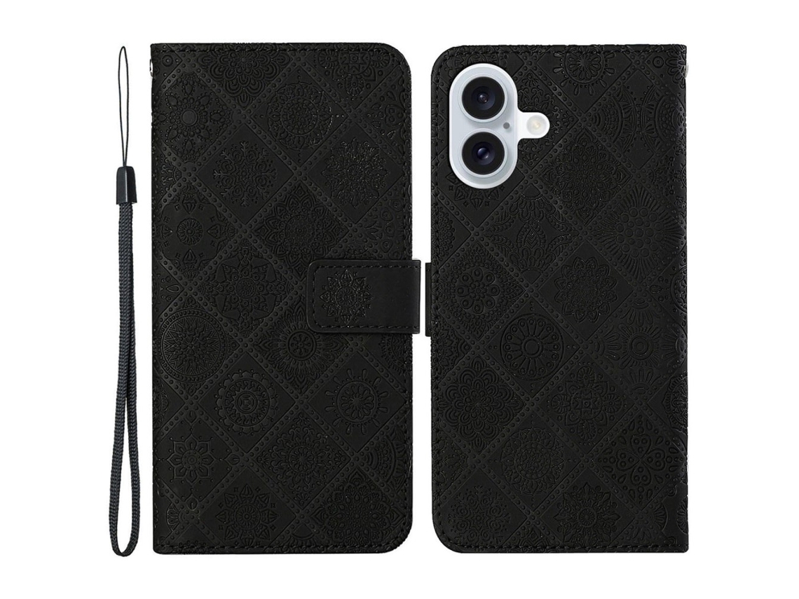 Capa Em Couro Pu Com Pega Para Apple Iphone 16 Plus Preto