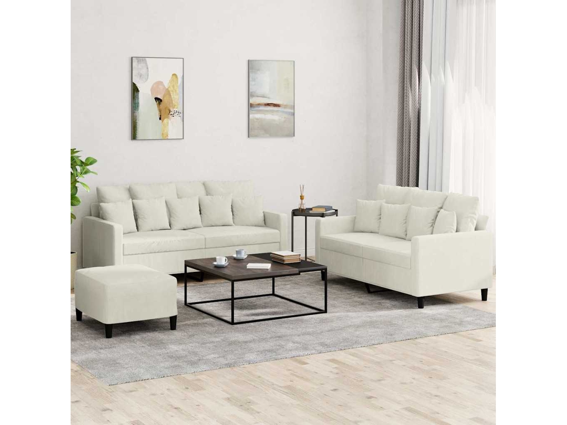 Vidaxl 3 Pcs Conjunto De Sofás Com Almofadões Veludo Cor Creme
